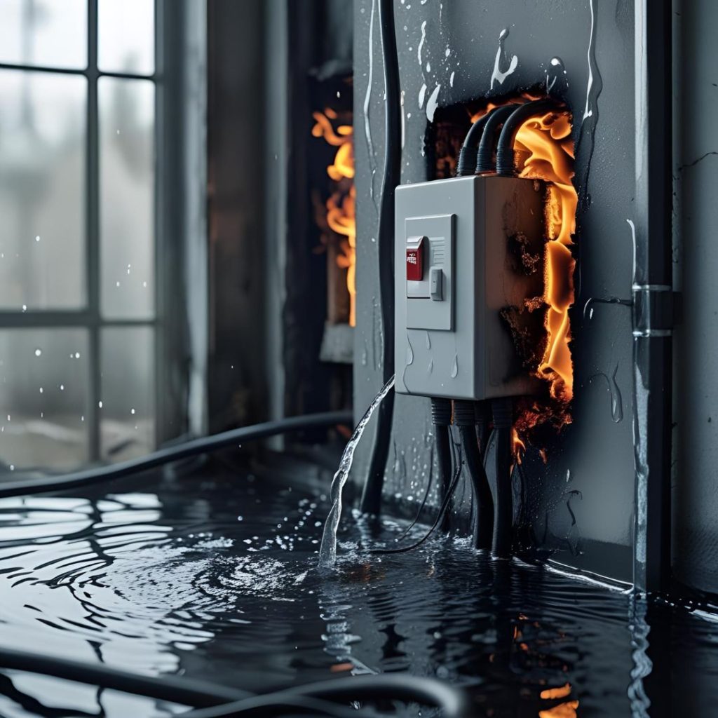 A flooded room with an electrical panel emitting flames and water pouring out, creating a dangerous situation.