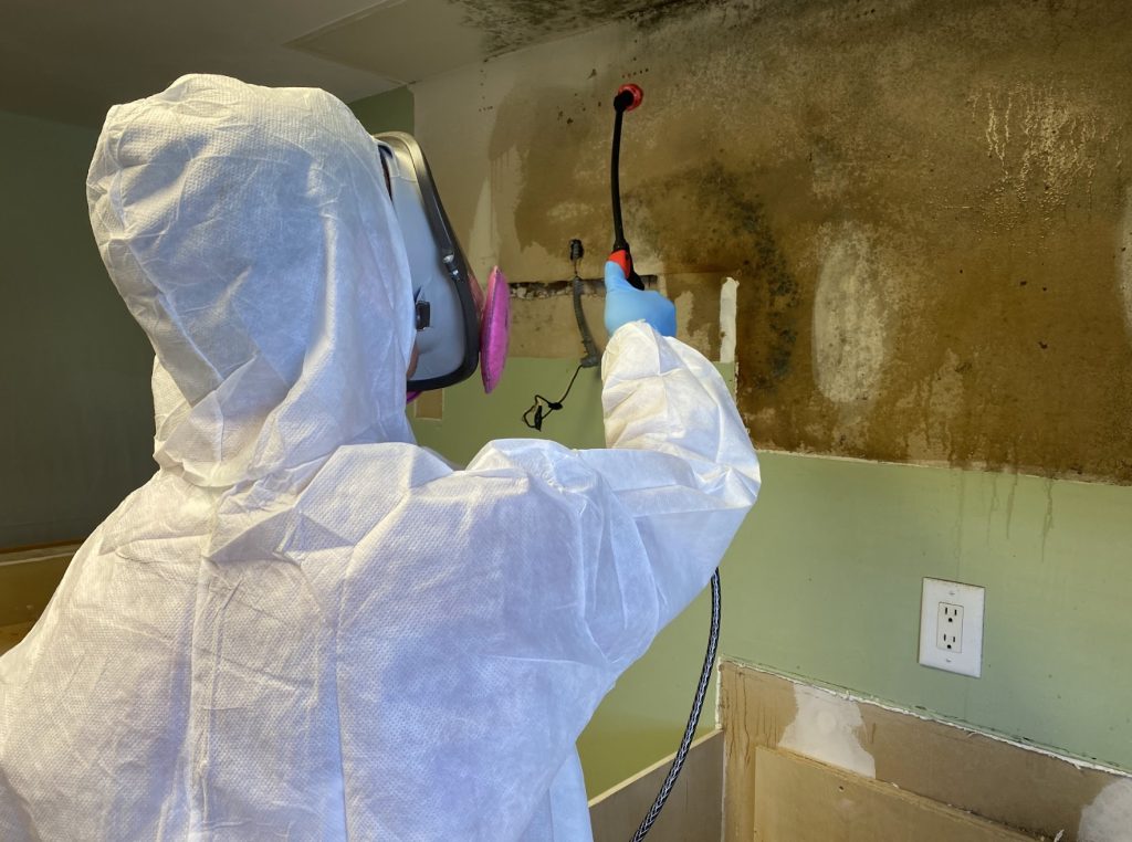 A person in protective gear sprays a wall affected by mold, demonstrating a clean-up or remediation process in a residential setting.