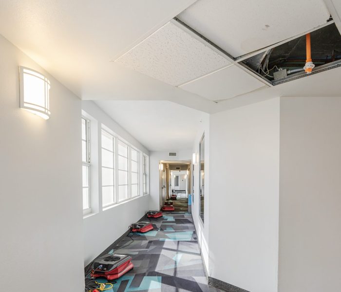 A hallway with a colorful carpet, showing wet restoration equipment and a missing ceiling panel, suggesting ongoing repairs or maintenance.