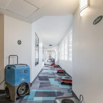 A hallway with carpeted floors, featuring drying equipment and a blue water extraction machine, illuminated by wall sconces.